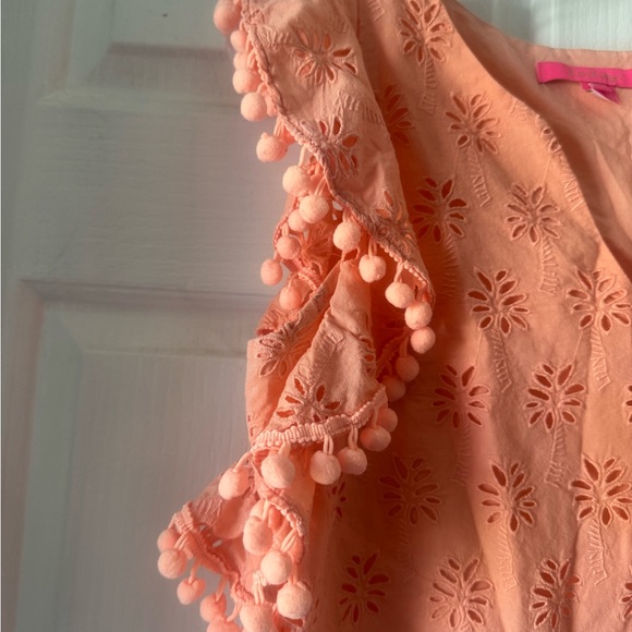 LILLY PULITZER Orange Eyelet “Astara” Ruffle Pom Pom Sleeve Blouse - Picture 3 of 10